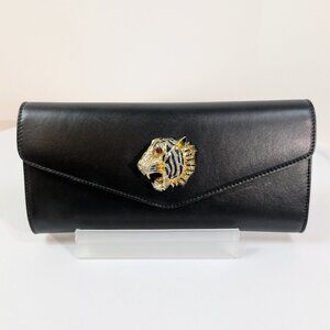 Gucci Black Rajah Broadway Smooth Leather Jeweled Tiger Head Clutch